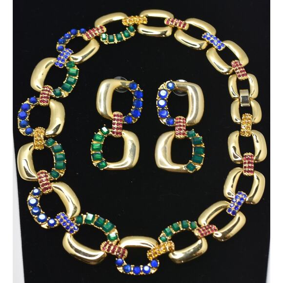 SCASSI Runway Haute Couture Rhinestone Gold Link Statement Necklace+Earring Set - Picture 5 of 7